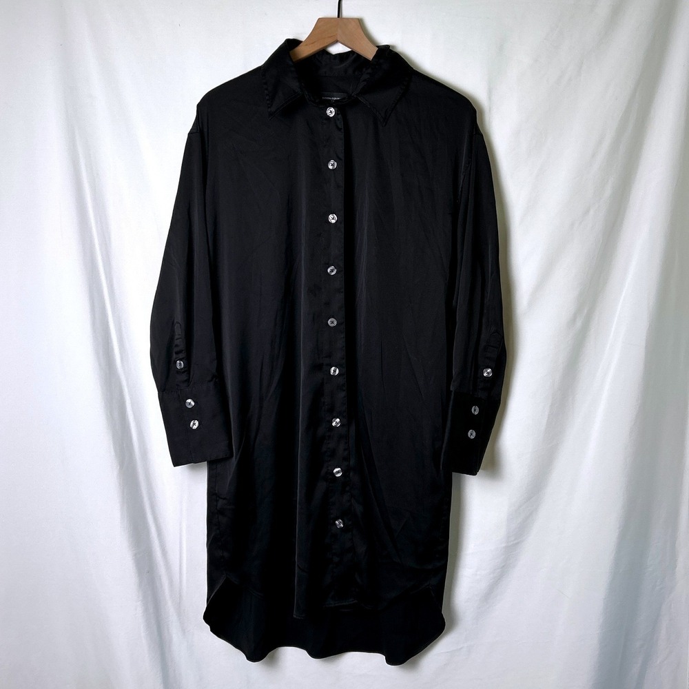 Banana Republic Womens Satin Button Down Shirt Dress Size M Black Minimalist